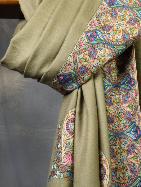 Grey Olive Base Big Border Embroidery Cashmere Pashmina Shawl