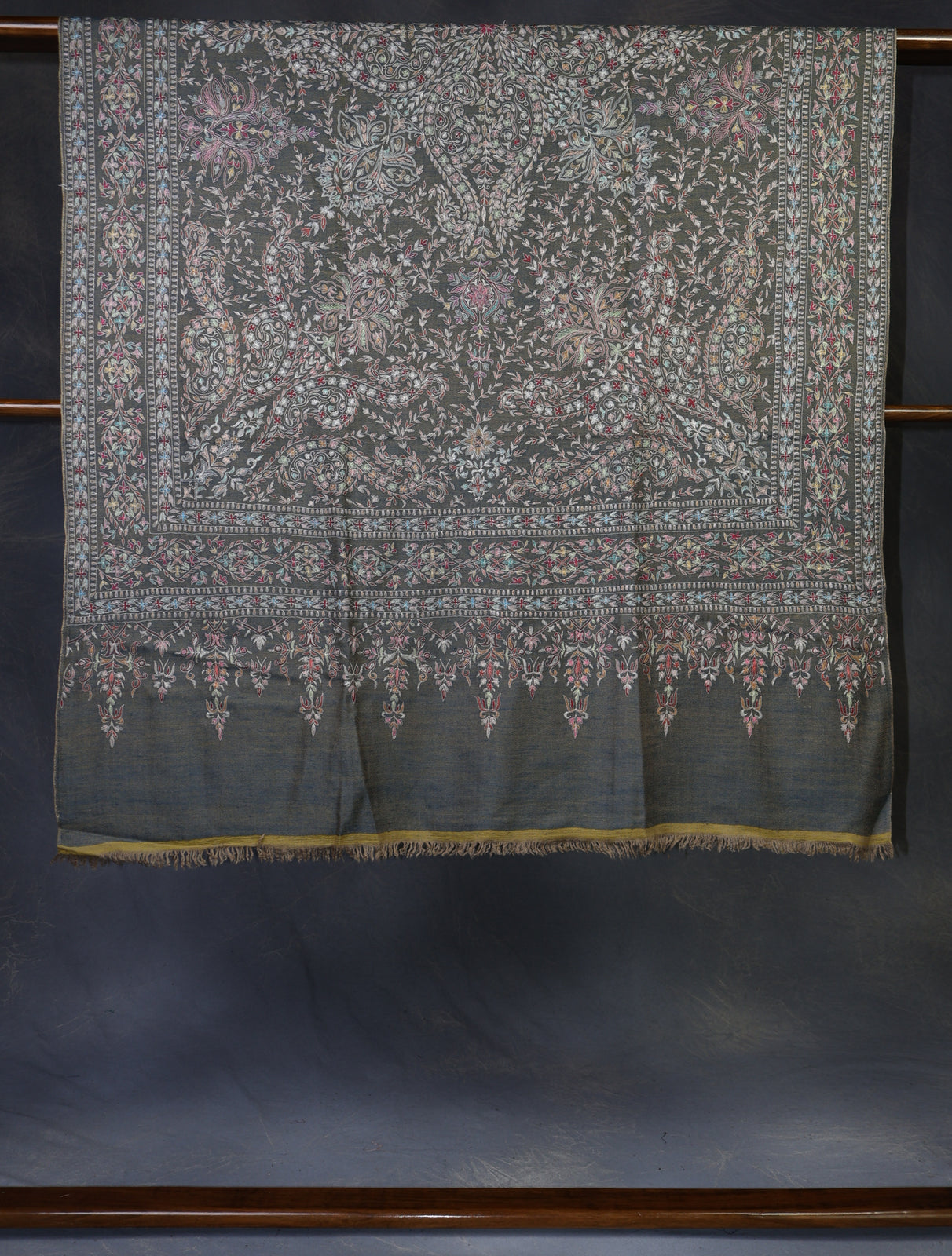 Mustard And Dark Grey Reversible Kalamkari Pashmina Shawl