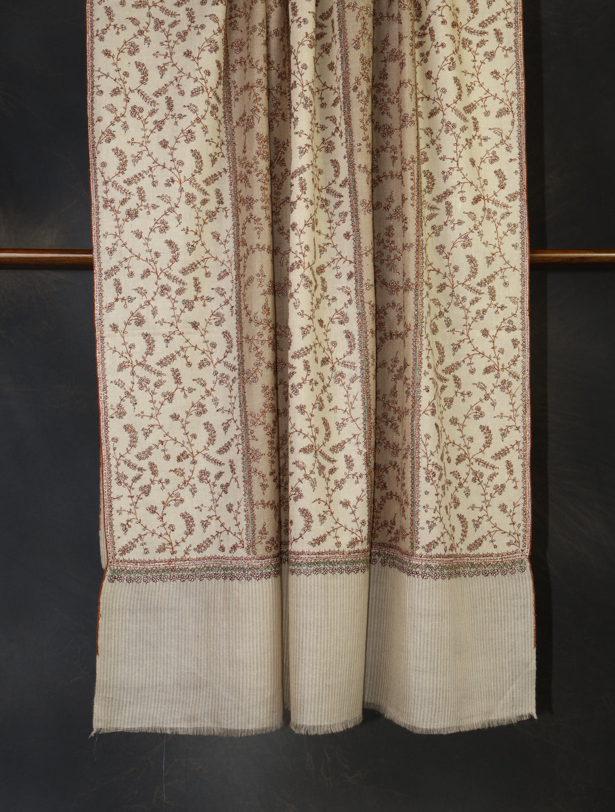 Ivory Striped Jali Embroidery Cashmere Pashmina Shawl