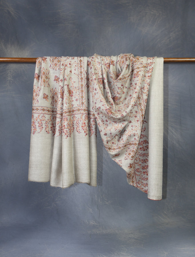 Grey Jali Embroidery Cashmere Pashmina Shawl