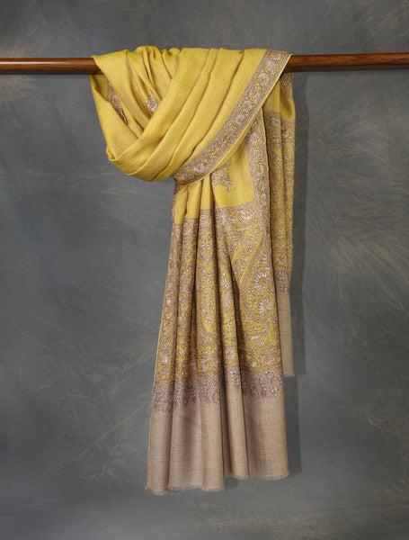 Light Mustard Base Big Border Embroidery Cashmere Pashmina Shawl