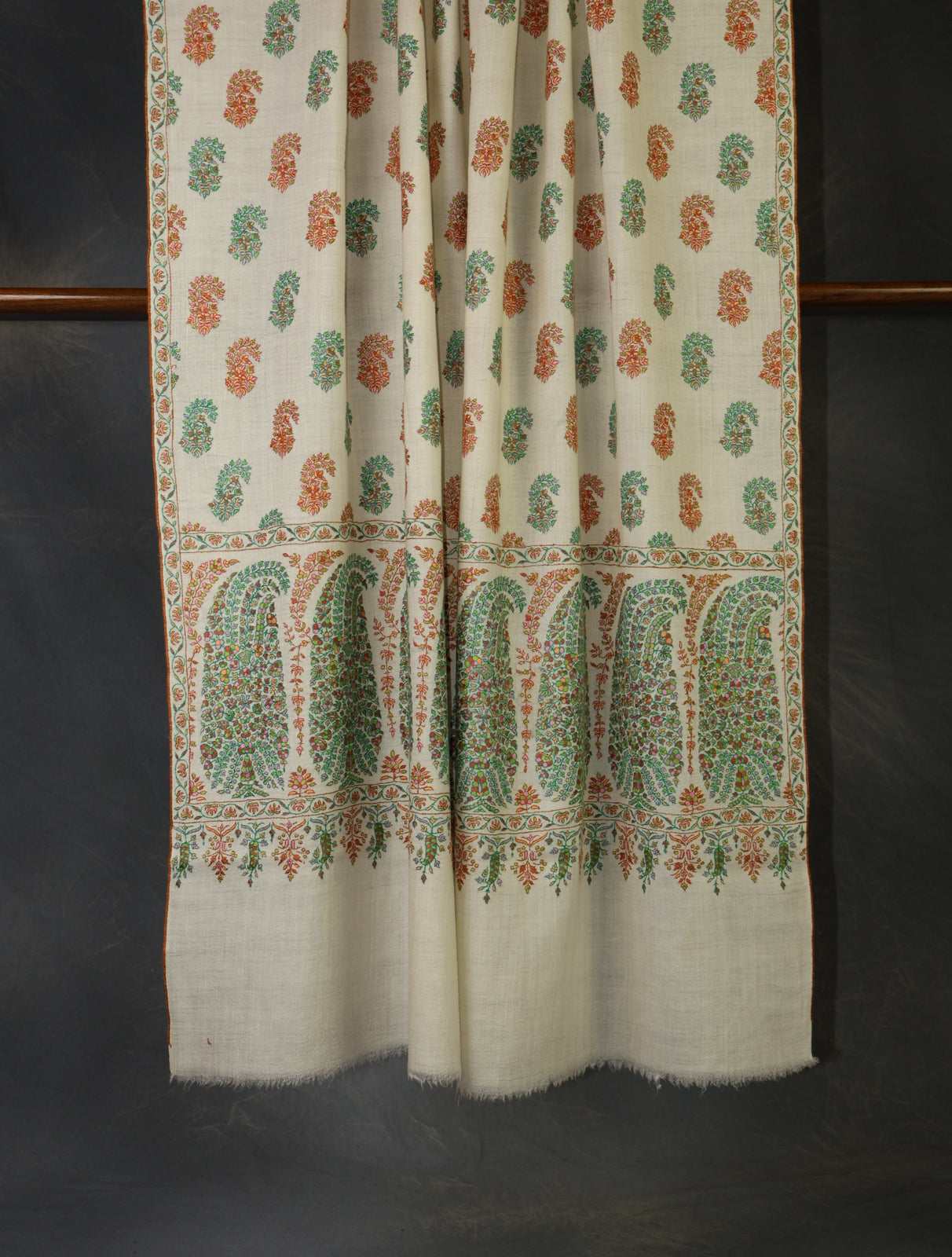 Ivory With Butti and Big Border Embroidery Pashmina Cashmere Shawl