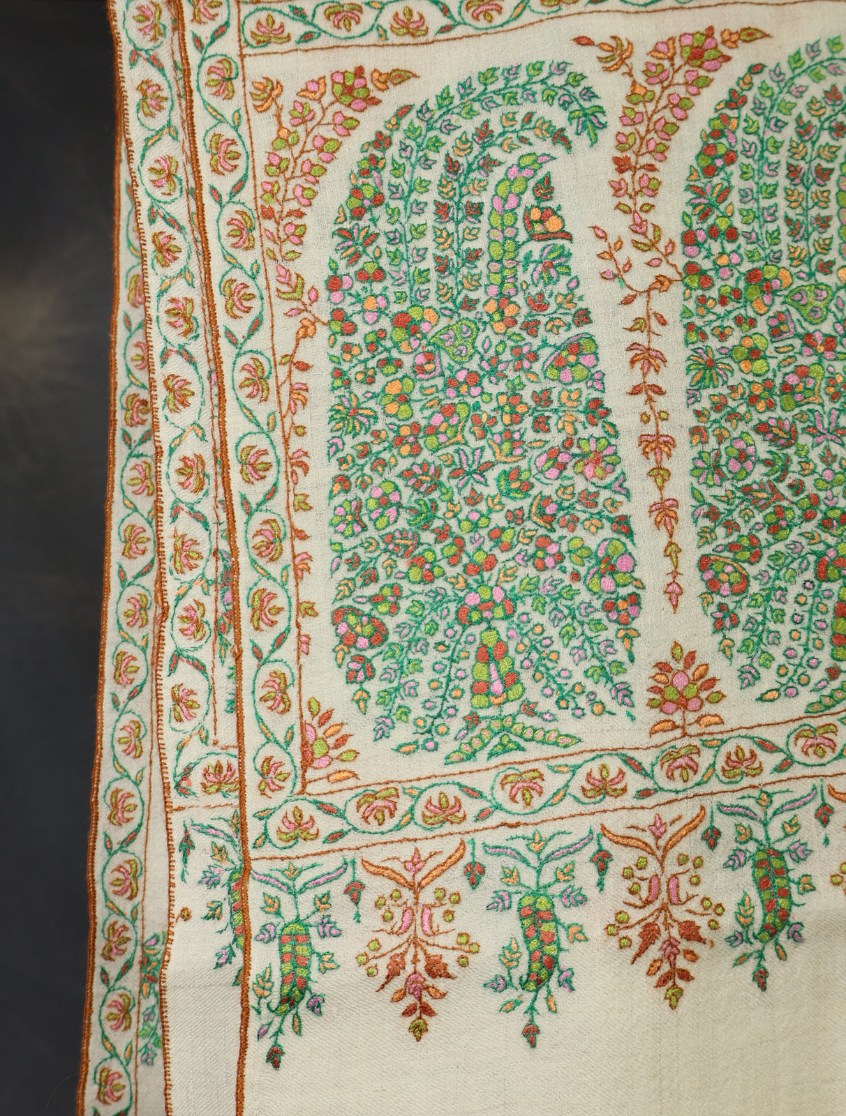 Ivory With Butti and Big Border Embroidery Pashmina Cashmere Shawl