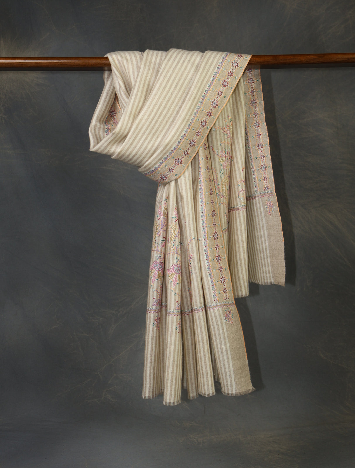 Ivory Striped With Big Border Embroidery Cashmere Pashmina Shawl