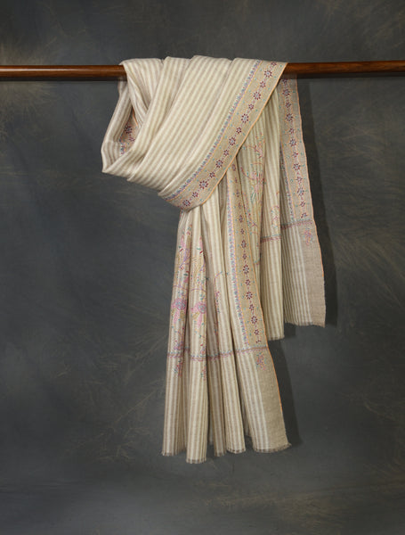 Ivory Striped With Big Border Embroidery Cashmere Pashmina Shawl