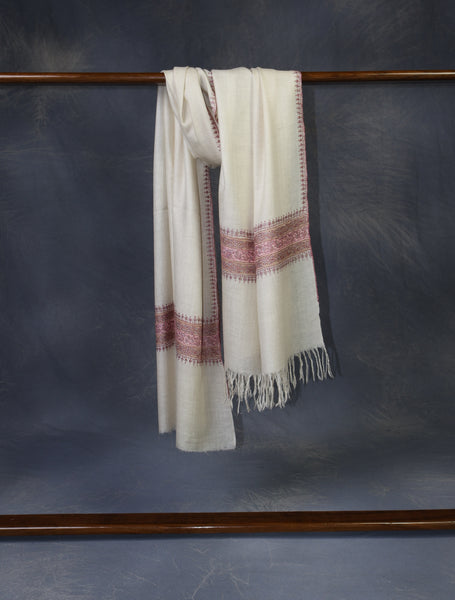 Ivory With Striped Motif Border Embroidery Cashmere Pashmina Scarf