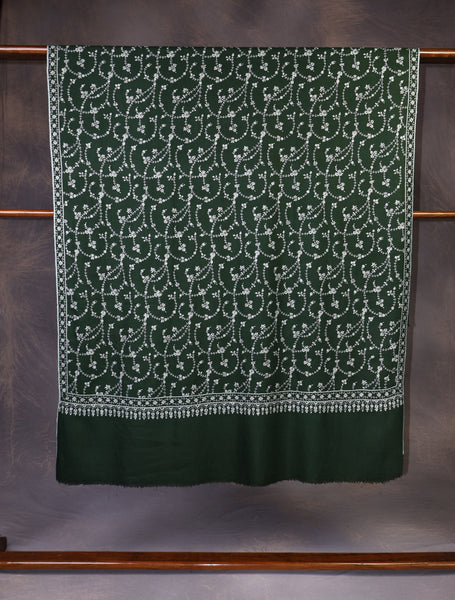 Bottle Green Base with whiteJali Embroidery Cashmere Pashmina Shawl