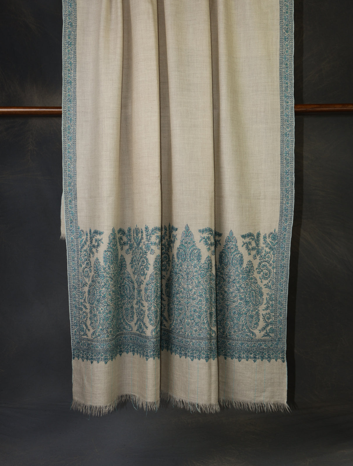 Ivory With Blue Border Embroidery Cashmere Pashmina Shawl