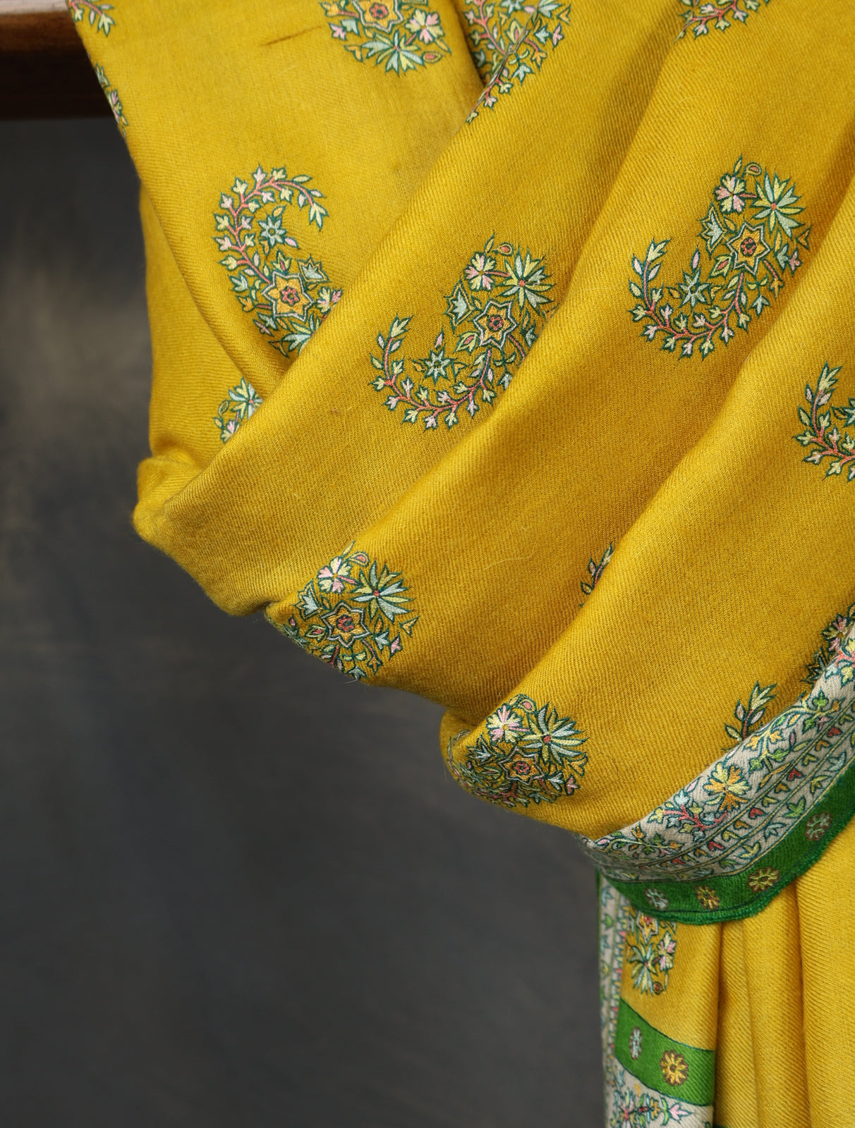 Yellow Boteh motif Embroidery Cashmere Pashmina Shawl