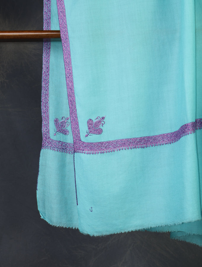 Blue Base with Purple Border Embroidery Cashmere Pashmina Shawl
