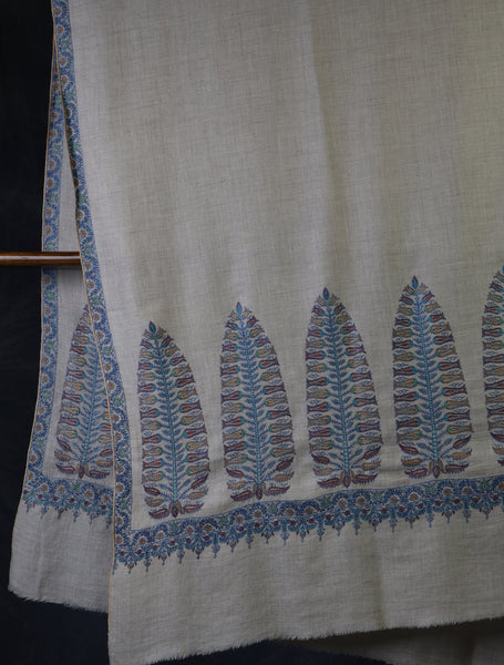 Ivory With Blue Border Embroidery Cashmere Pashmina Shawl