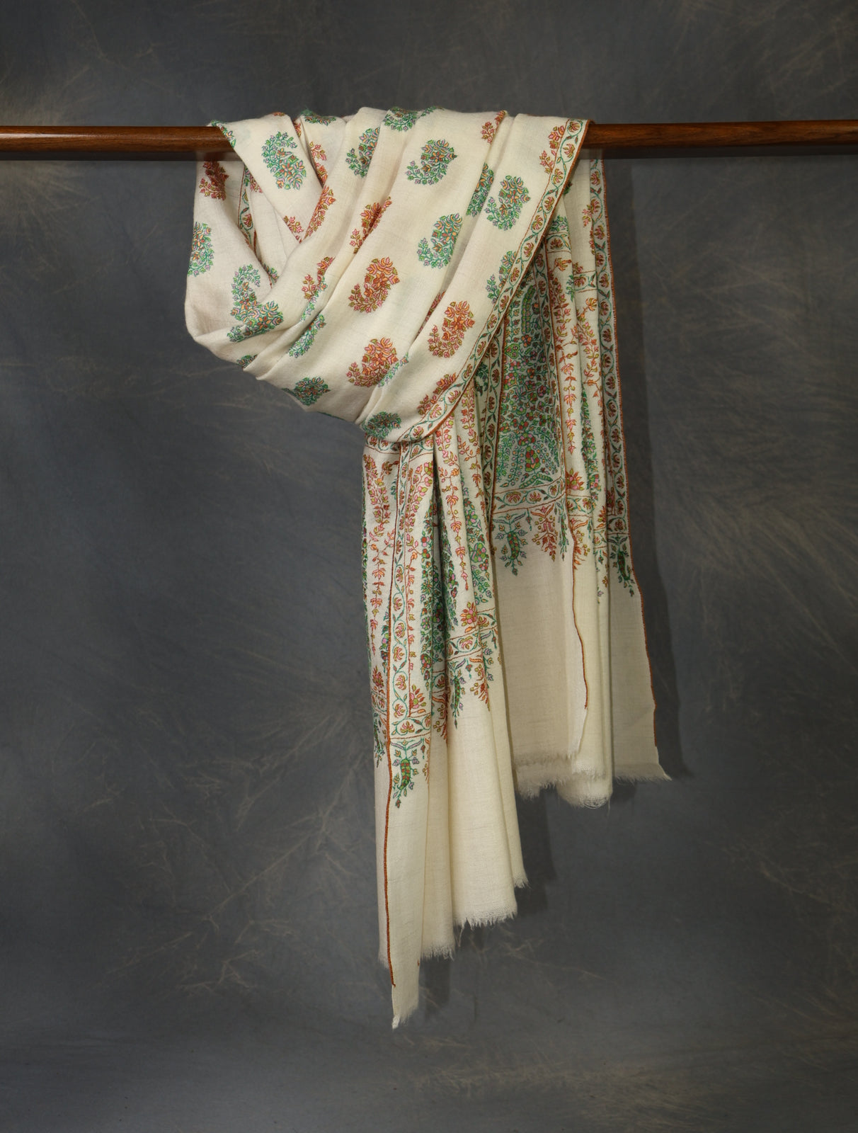 Ivory With Butti and Big Border Embroidery Pashmina Cashmere Shawl
