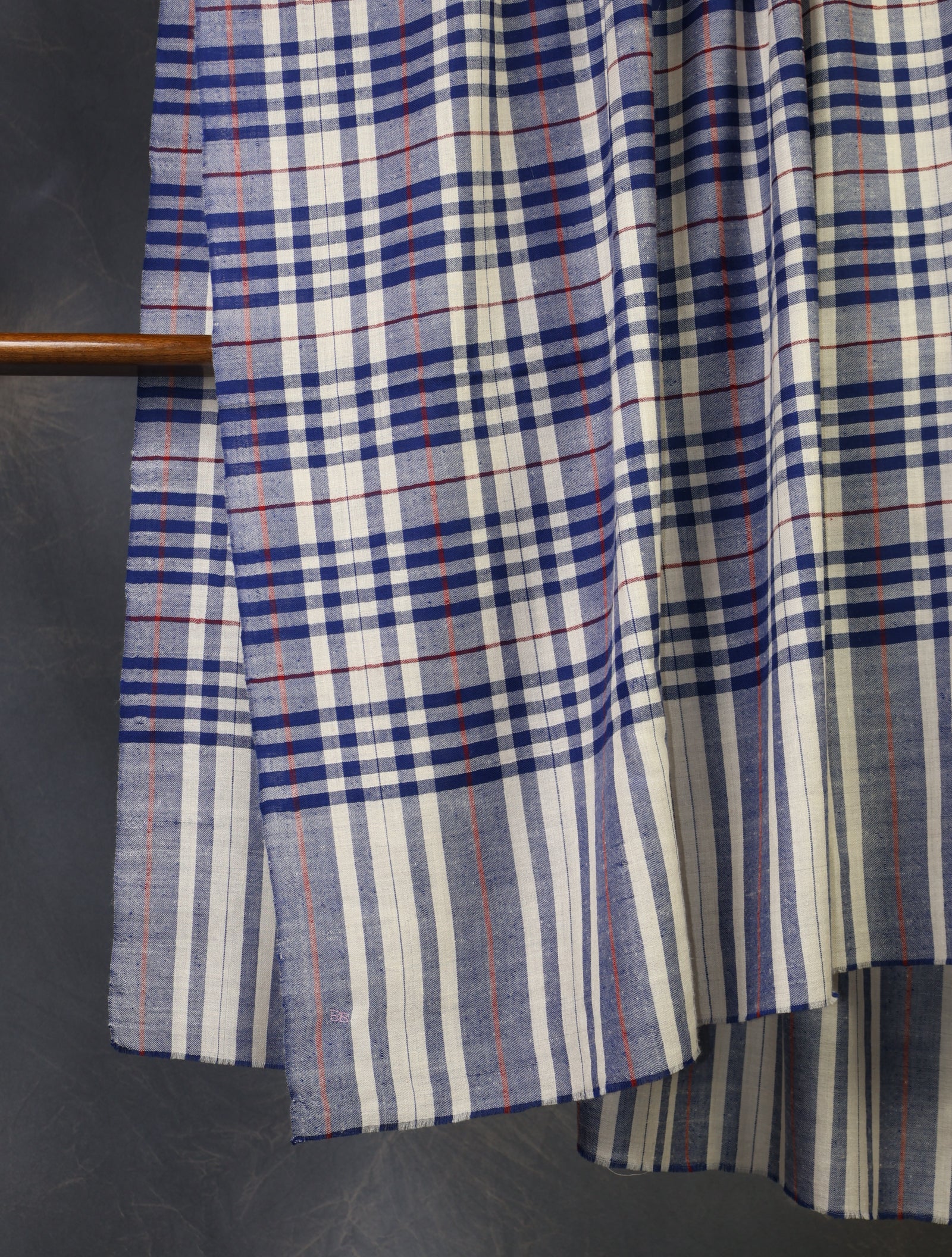 Ivory And Blue Checked Handwoven Cashmere Pashmina Shawl