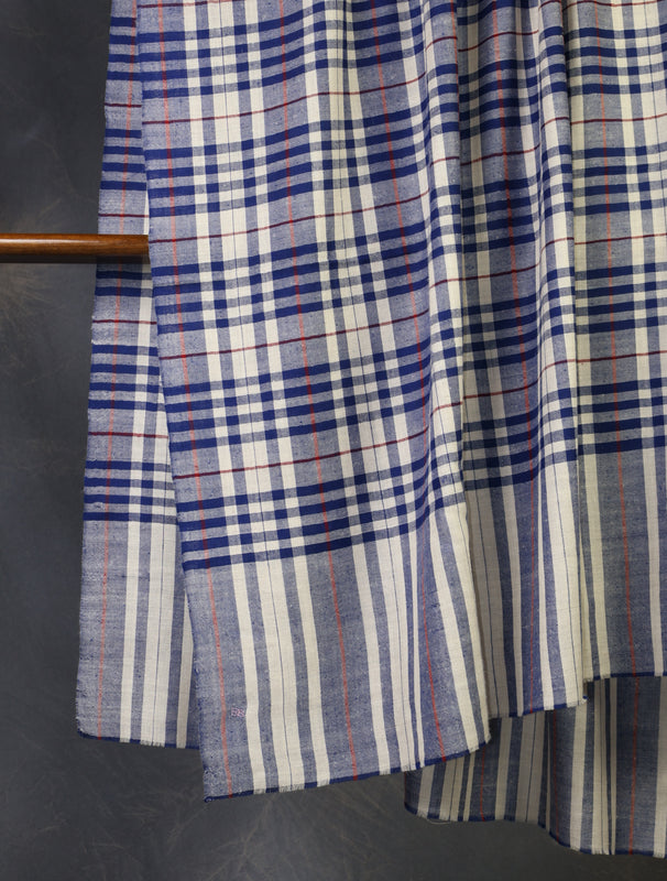 Ivory And Blue Checked Handwoven Cashmere Pashmina Shawl