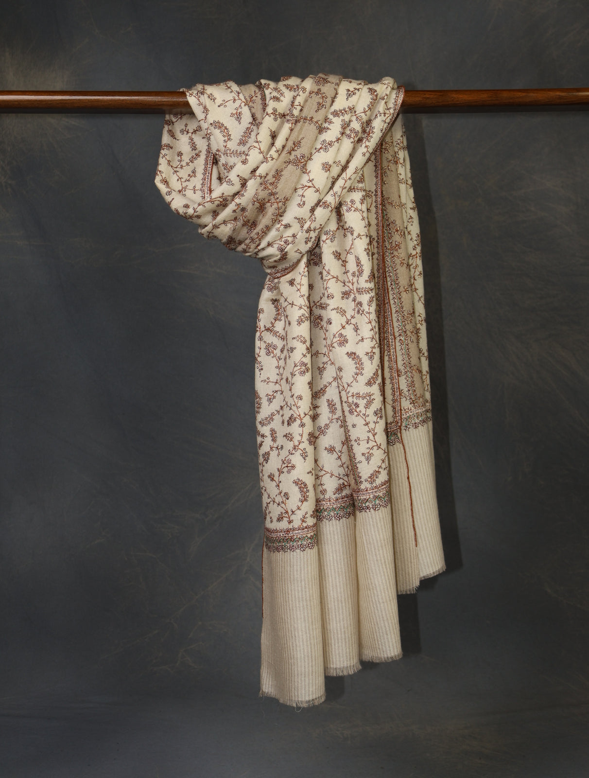 Ivory Striped Jali Embroidery Cashmere Pashmina Shawl