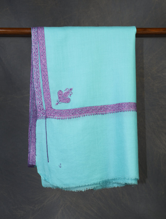 Blue Base with Purple Border Embroidery Cashmere Pashmina Shawl