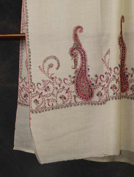 Ivory Base Border Emboidery Merino wool Shawl