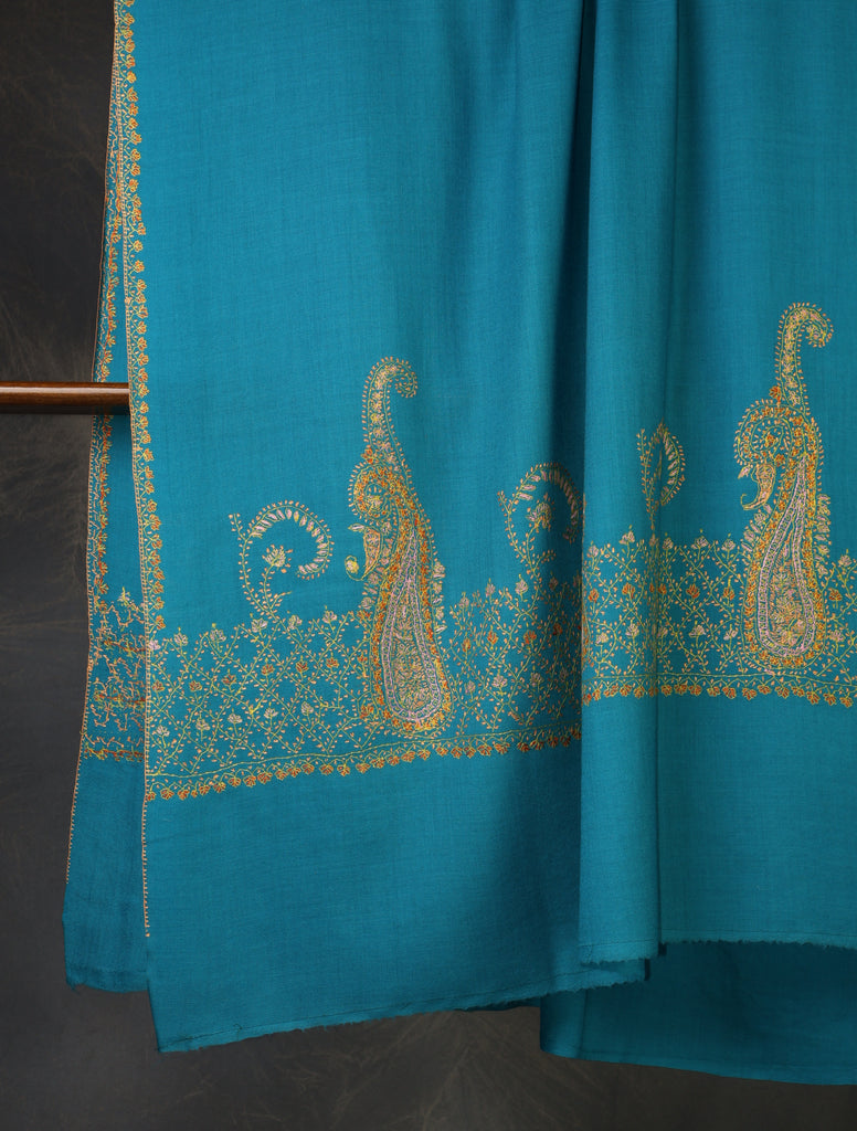 Dodger Blue Base Border Embroidery Merino wool Shawl