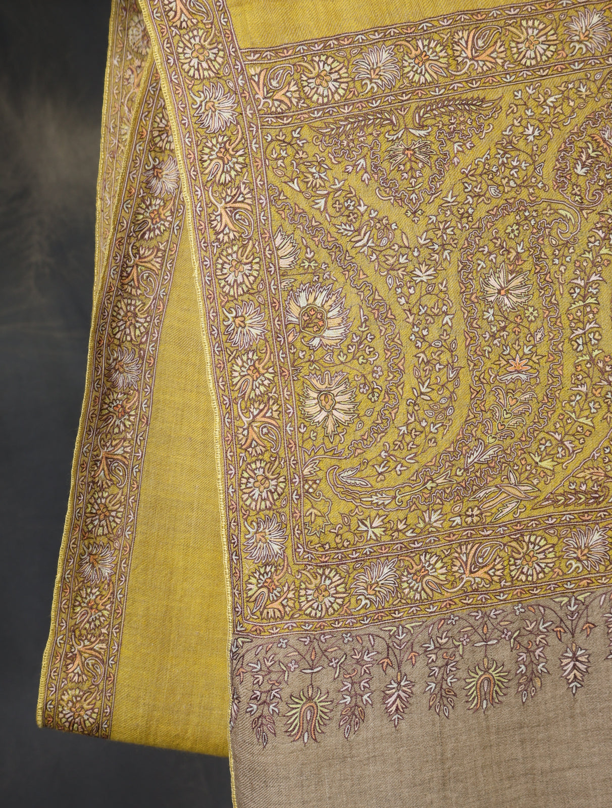 Mustard Base Big Border Embroidery Cashmere Pashmina Shawl