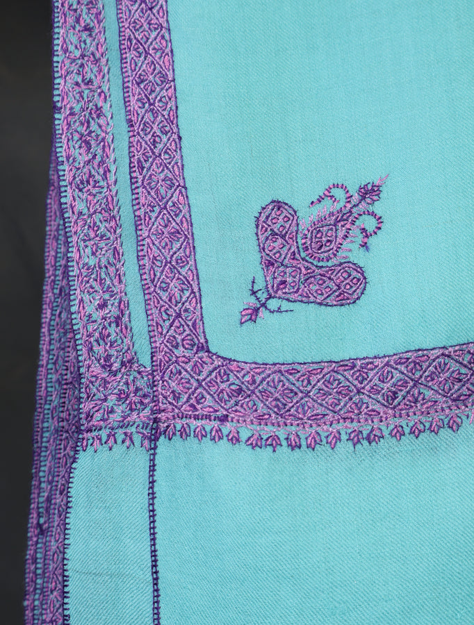 Blue Base with Purple Border Embroidery Cashmere Pashmina Shawl