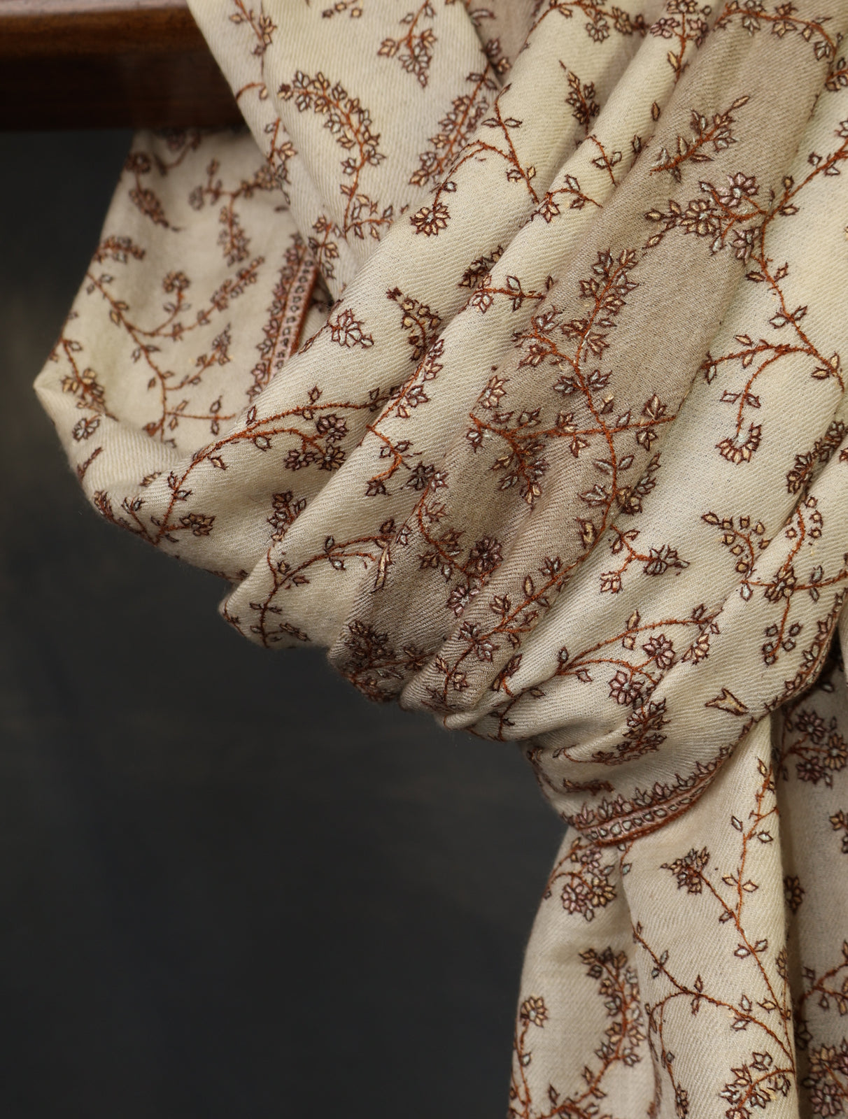 Ivory Striped Jali Embroidery Cashmere Pashmina Shawl