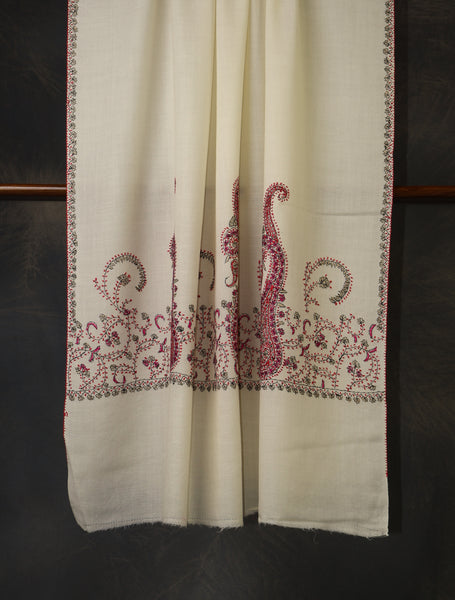 Ivory Base Border Emboidery Merino wool Shawl