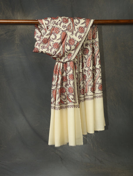 Ivory Base Jamawar Embroidery Merino Shawl