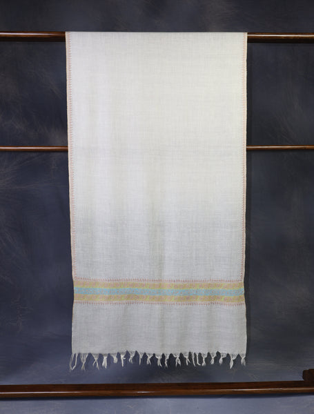 Ivory With Striped Motif Border Embroidery Cashmere Pashmina Scarf
