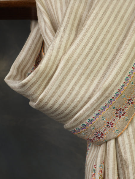 Ivory Striped With Big Border Embroidery Cashmere Pashmina Shawl