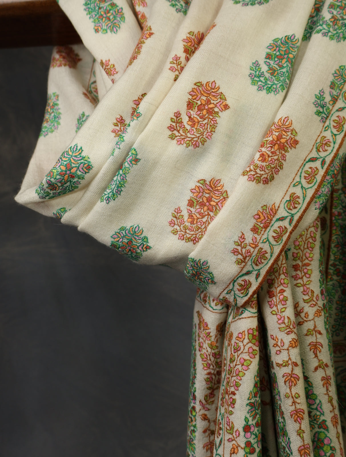Ivory With Butti and Big Border Embroidery Pashmina Cashmere Shawl