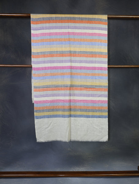 Ivory Multi Color Striped Handwoven Cashmere Pashmina Scarf