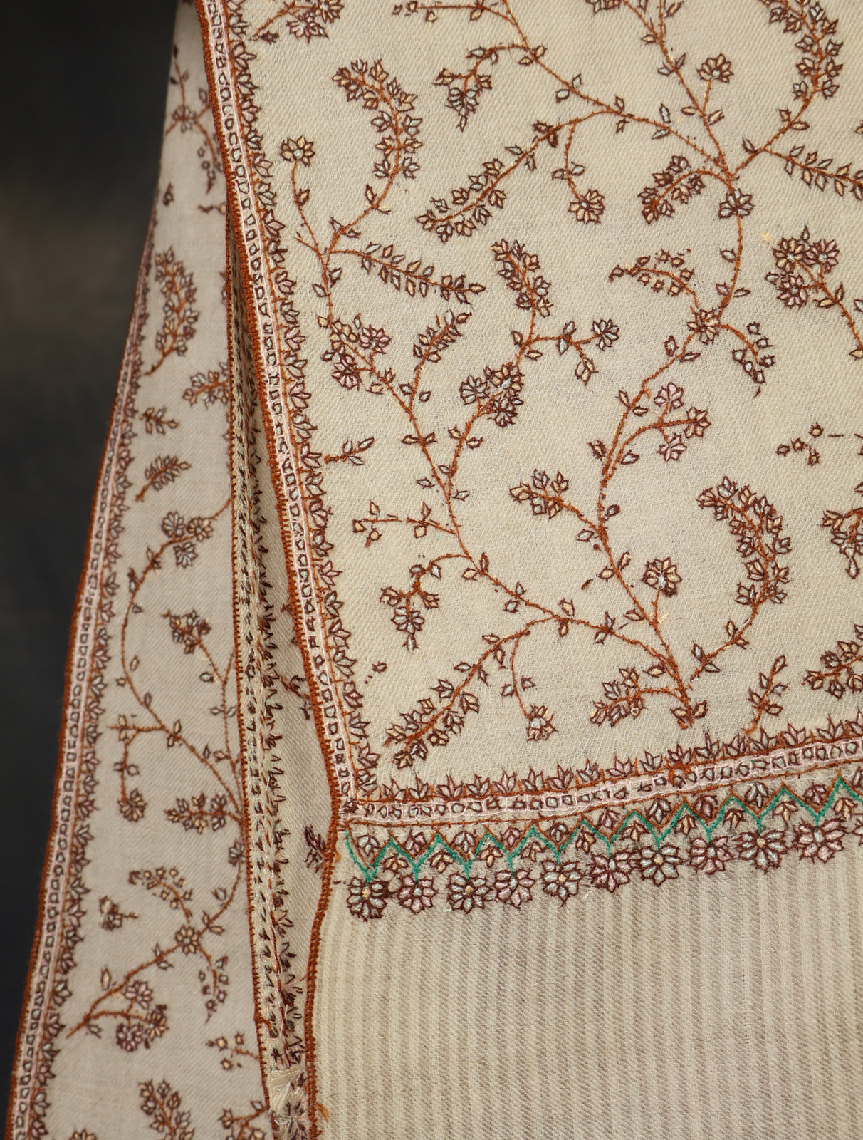 Ivory Striped Jali Embroidery Cashmere Pashmina Shawl