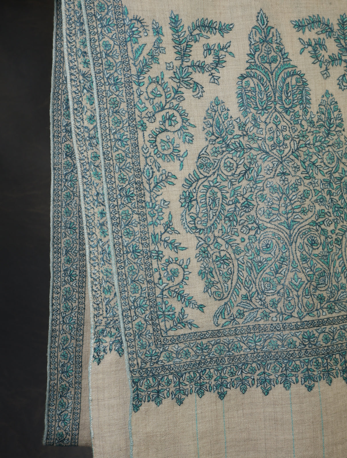 Ivory With Blue Border Embroidery Cashmere Pashmina Shawl