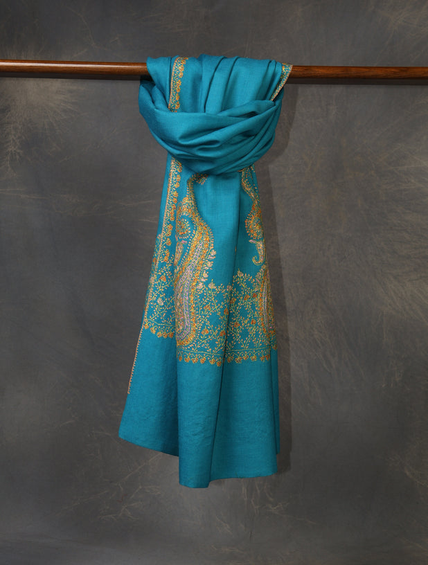 Dodger Blue Base Border Embroidery Merino wool Shawl
