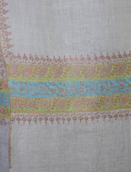 Ivory With Striped Motif Border Embroidery Cashmere Pashmina Scarf