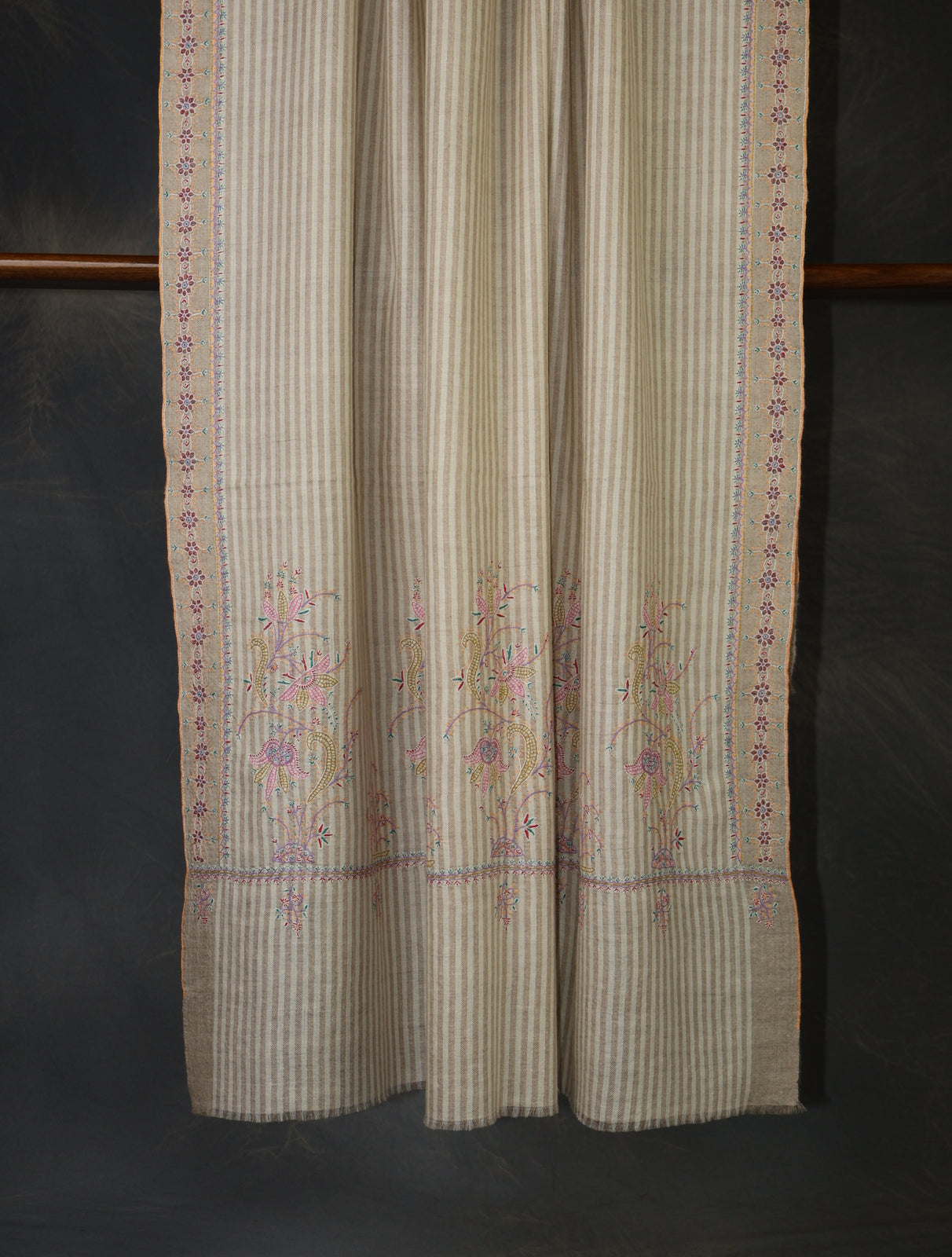 Ivory Striped With Big Border Embroidery Cashmere Pashmina Shawl