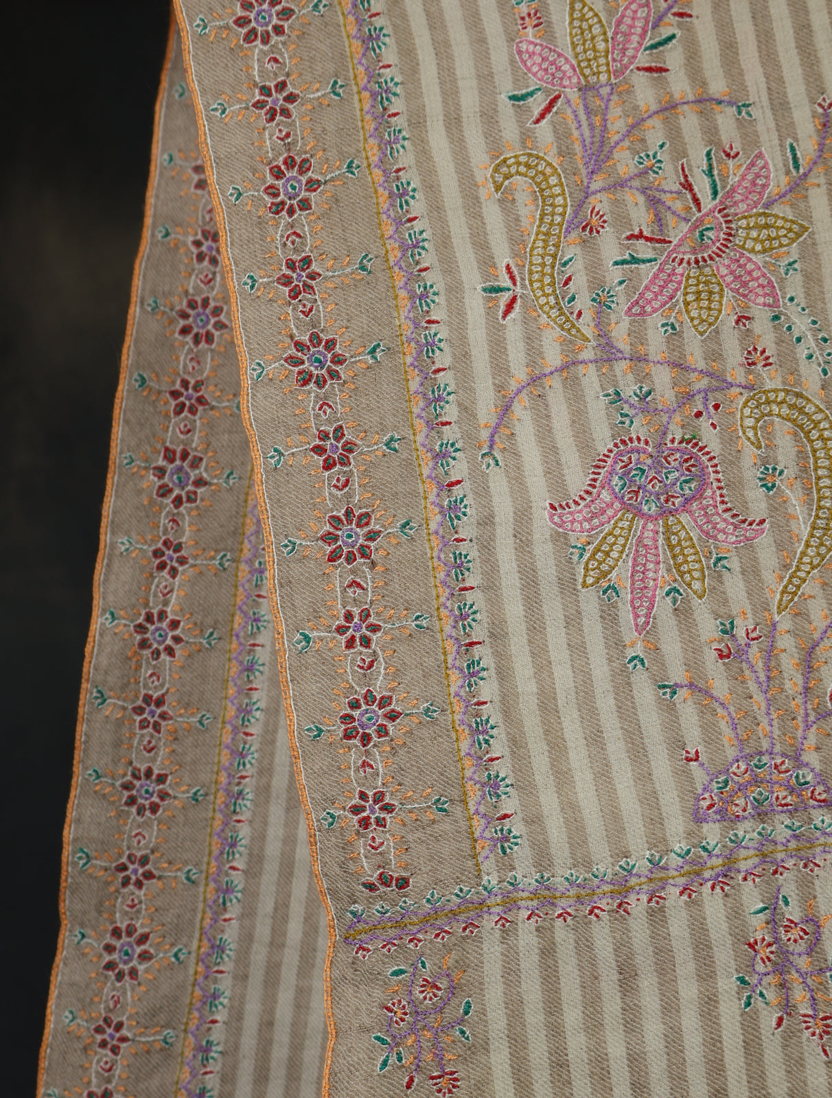 Ivory Striped With Big Border Embroidery Cashmere Pashmina Shawl