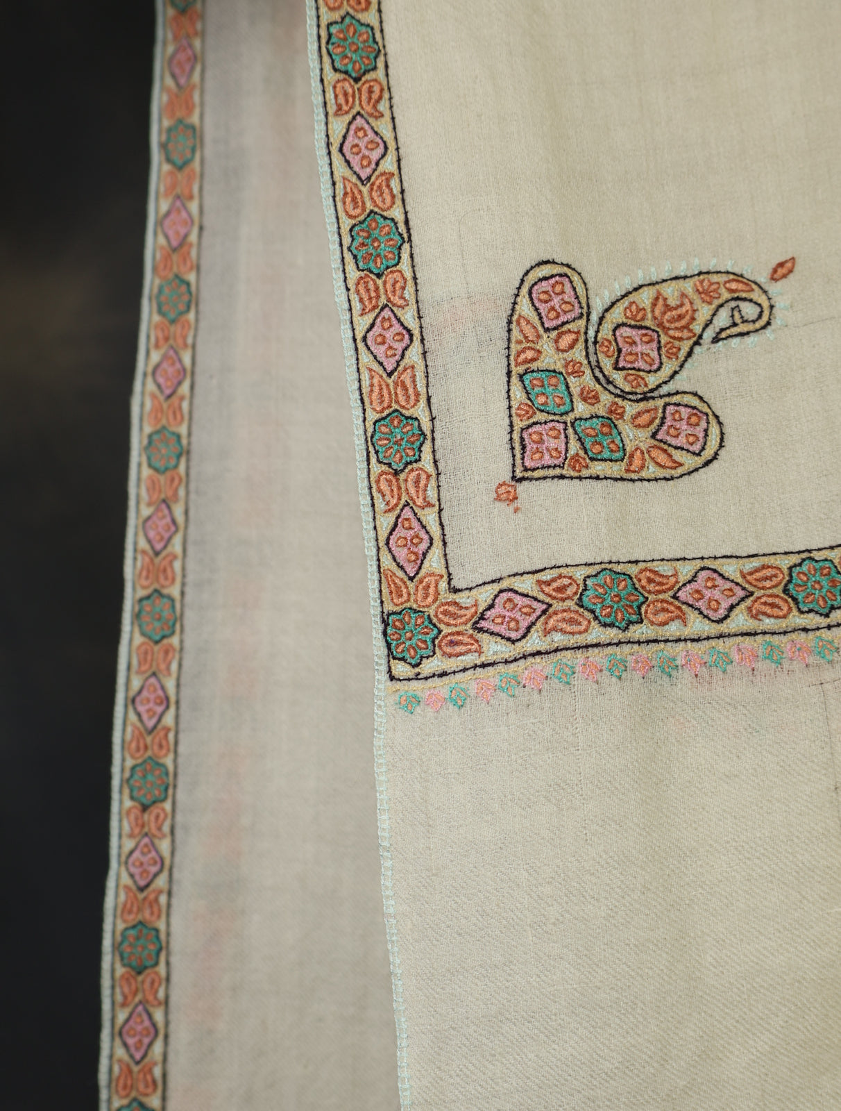 Ivory With Small Border Embroidery Cashmere Pashmina Scarf