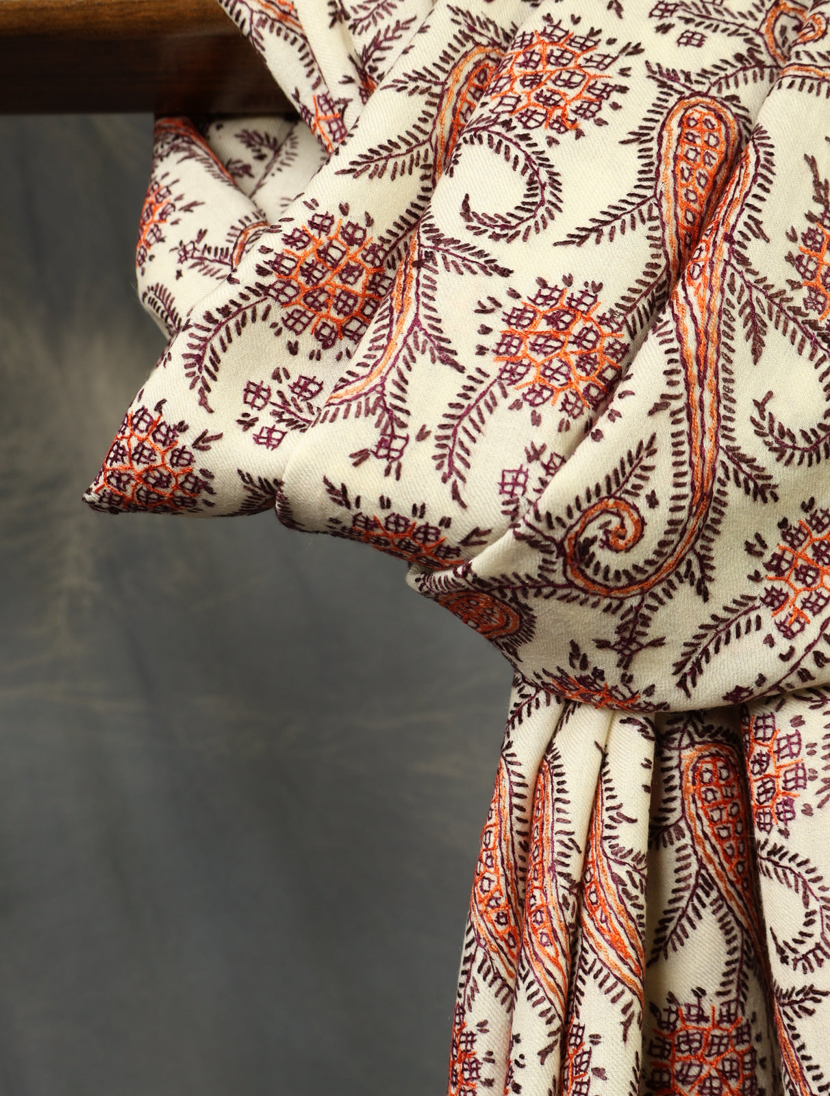 Ivory Base Jamawar Embroidery Merino Shawl