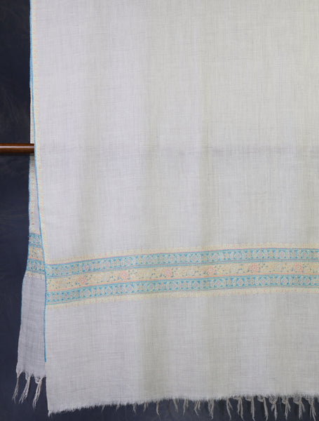 Ivory With Striped Motif Border Embroidery Cashmere Pashmina Scarf