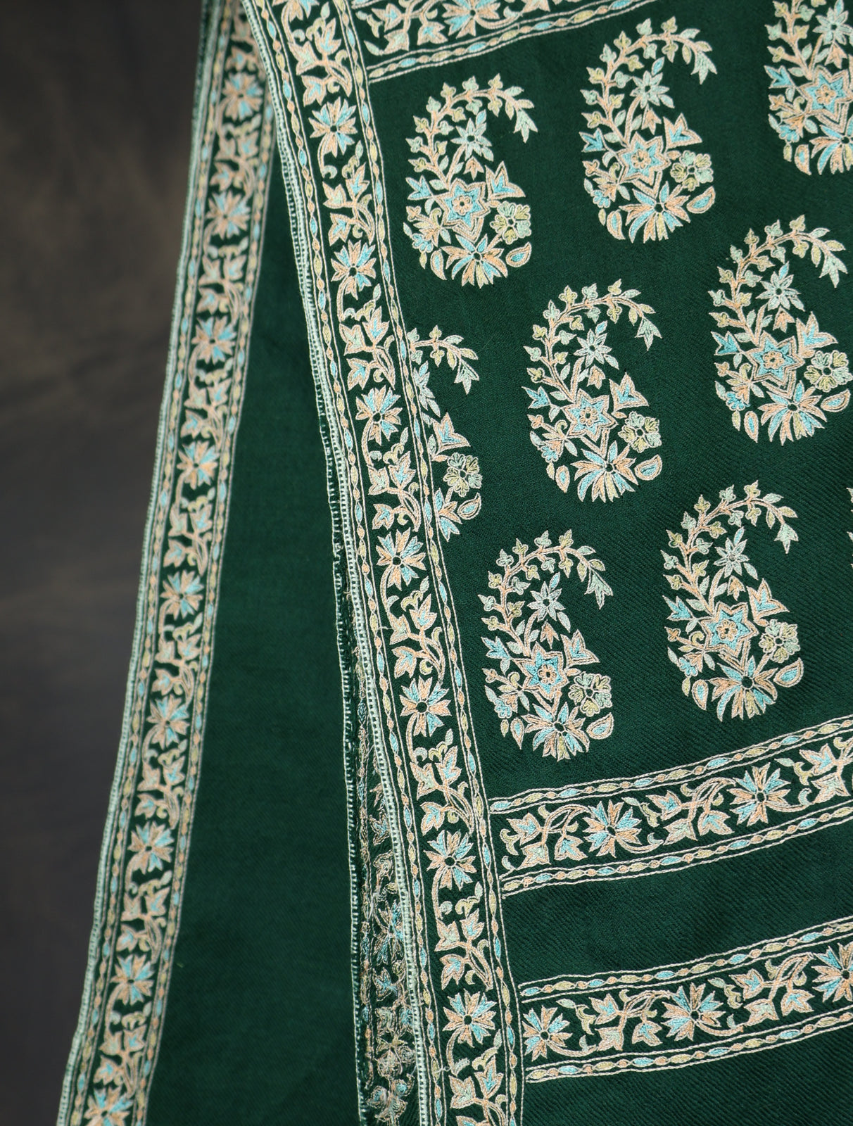 Green Big Border Embroidery Cashmere Pashmina Shawl