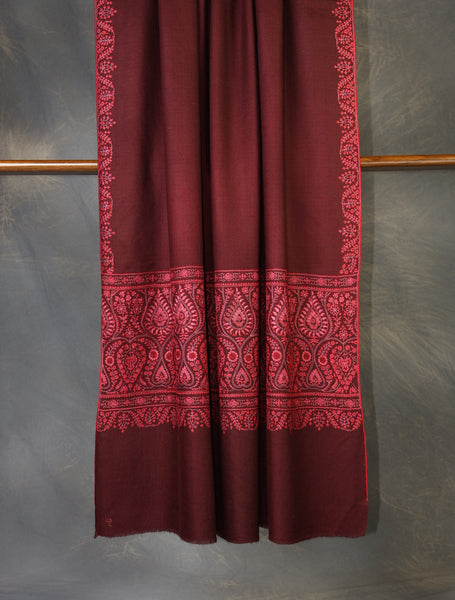 Maroon Big Border Embroidery Cashmere Pashmina Shawl