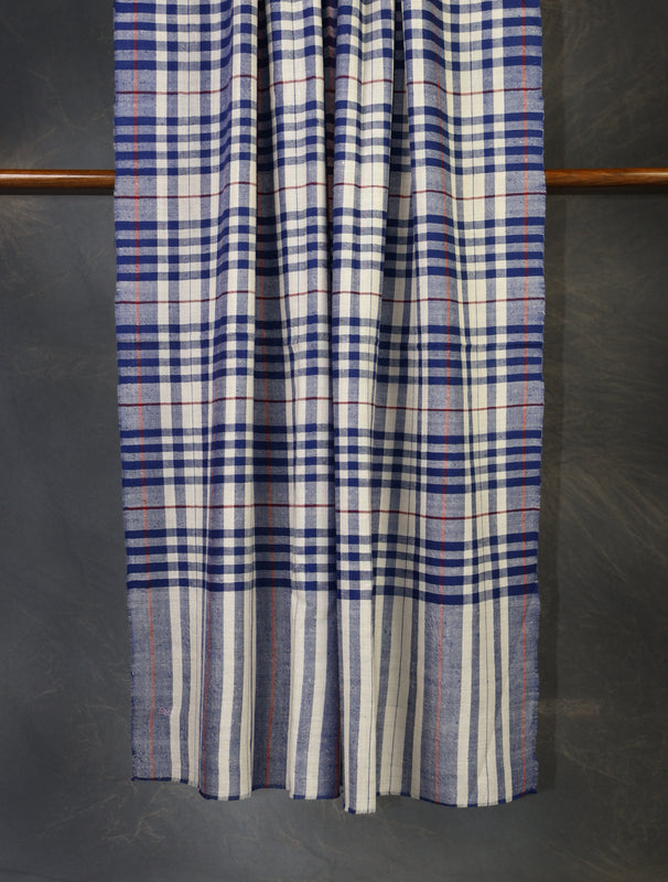 Ivory And Blue Checked Handwoven Cashmere Pashmina Shawl