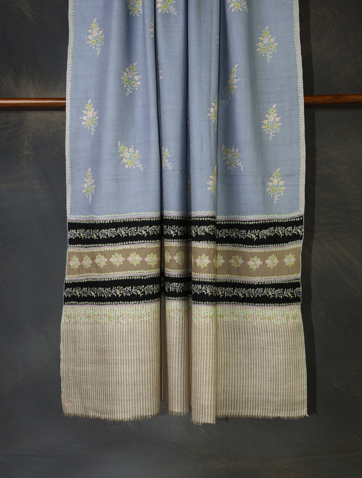 Light Sky Blue Boteh Motif Embroidery With Striped Border Cashmere Pashmina Shawl