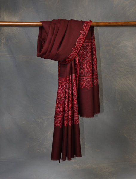 Maroon Big Border Embroidery Cashmere Pashmina Shawl