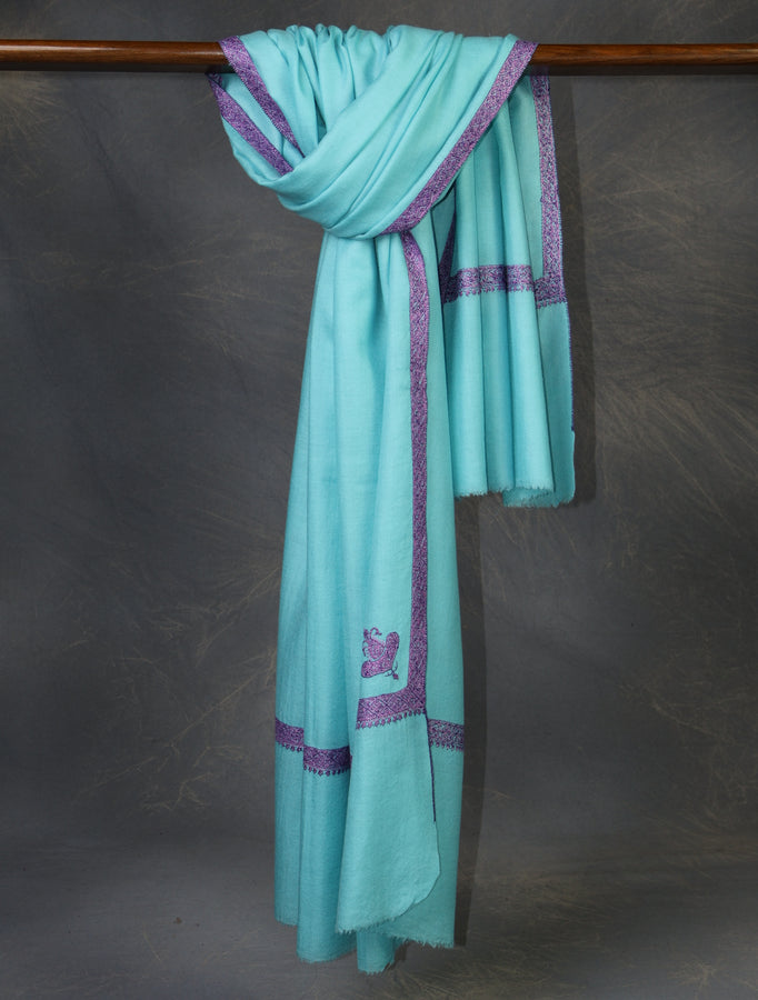 Blue Base with Purple Border Embroidery Cashmere Pashmina Shawl