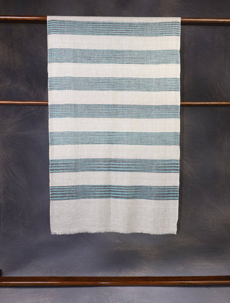 Ivory Base Blue Striped Handwoven Cashmere Pashmina Scarf