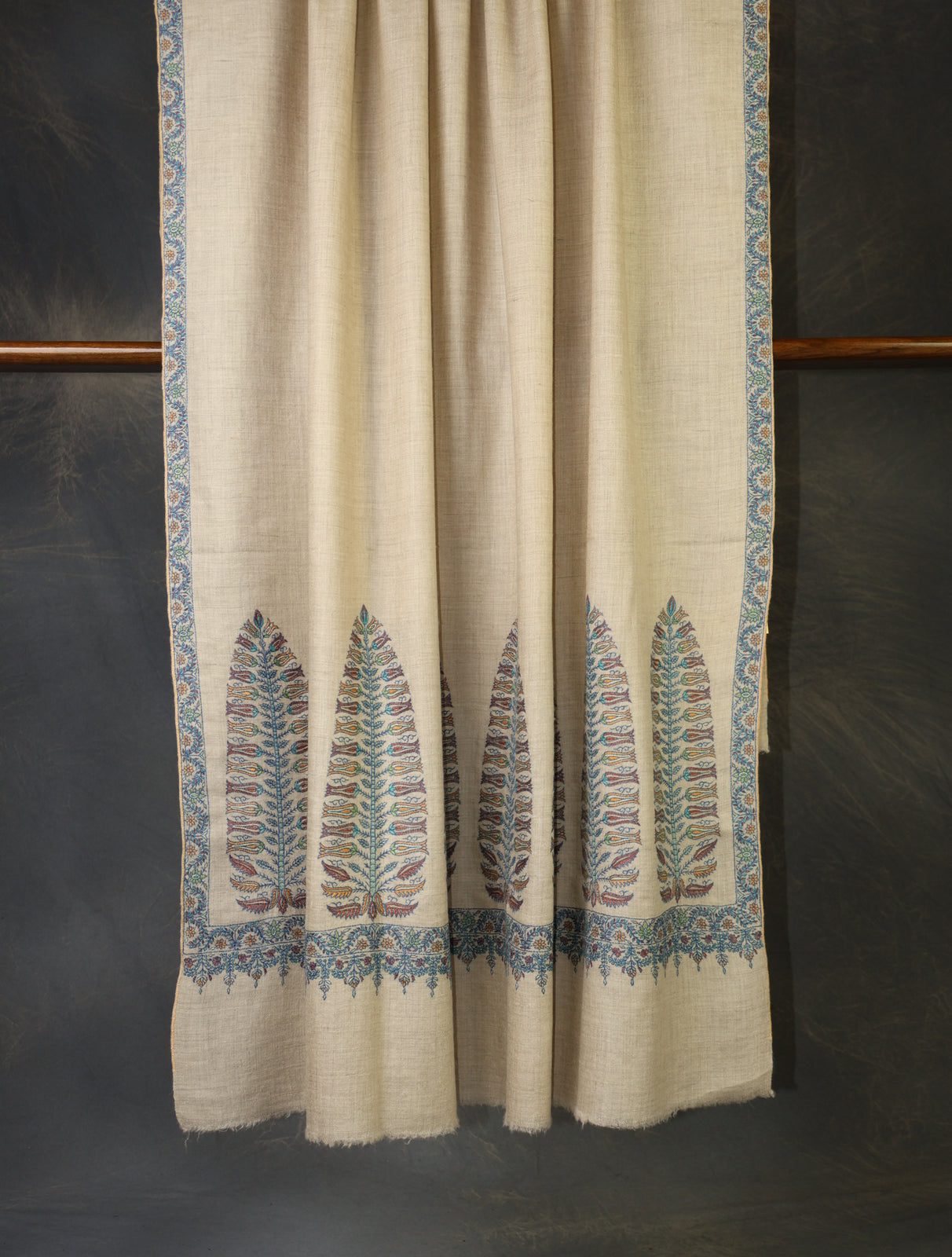 Ivory With Blue Border Embroidery Cashmere Pashmina Shawl
