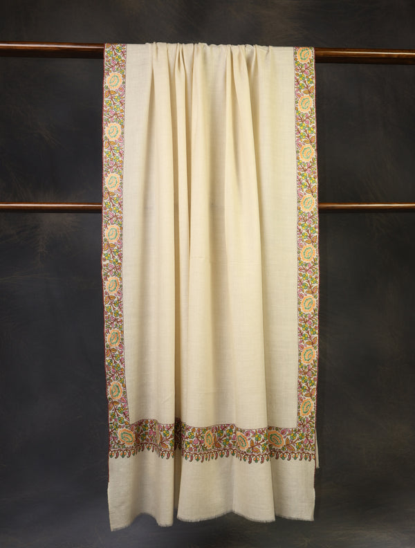 3 yard Ivory Border Embroidery Cashmere Pashmina Shawl – detail view