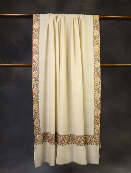 3 yard Ivory Border Embroidery Cashmere Pashmina Shawl